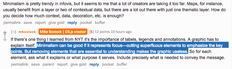 Reddit AMA screenshot. Asked about minimalism going too far in infovis, Bostock replies: "If there's one thing I learned from NYT it's the importance of labels, legends and annotations. A graphic has to explain itself. Minimalism can be good if it represents focus — cutting superfluous elements to emphasize the key points. But removing elements that are essential to understanding makes the graphic useless. So for each element, ask what it explains or what purpose it serves. Include precisely what is needed to convey the message."