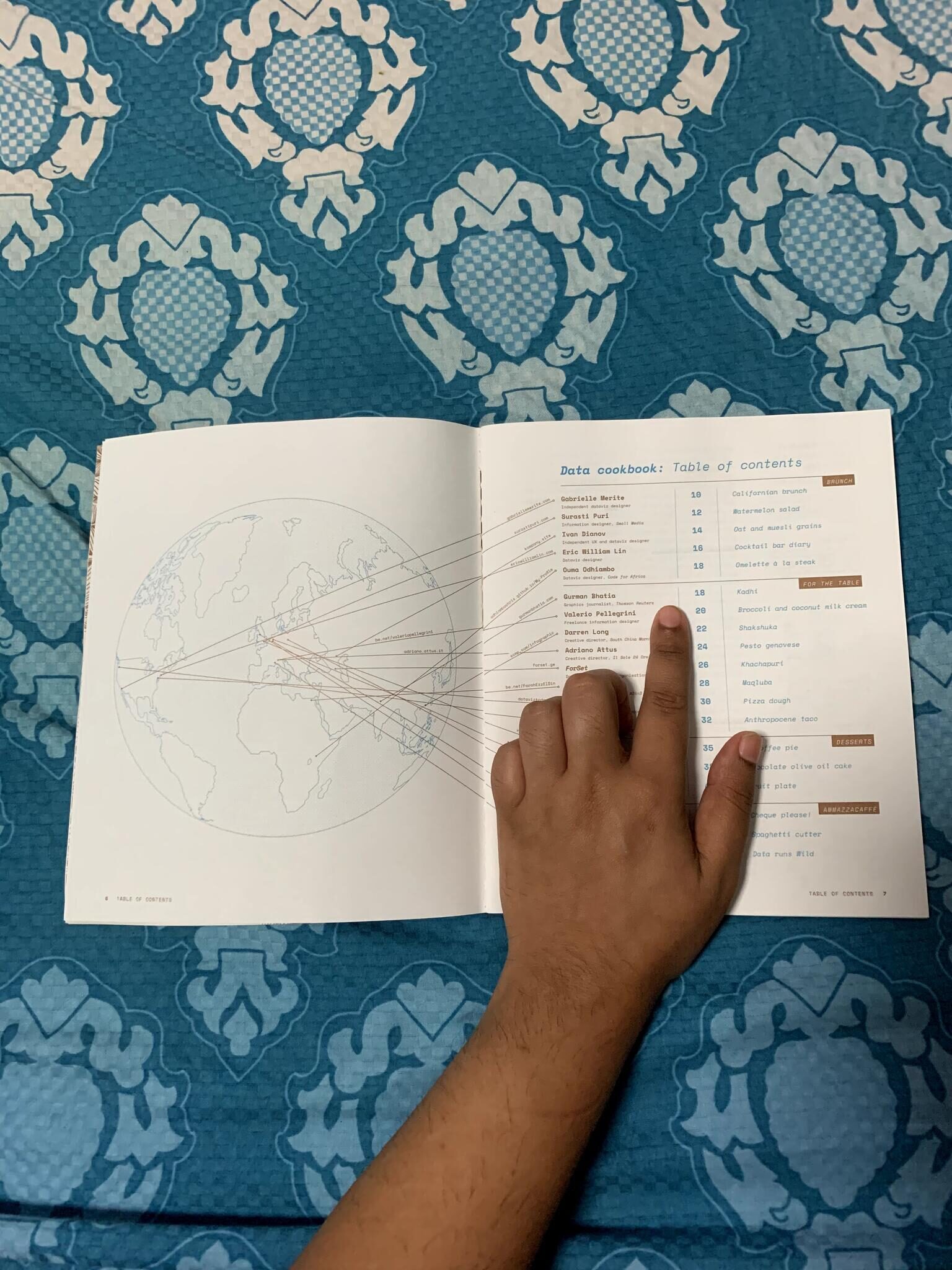 Table of contents spread showing a world map connecting contributors to their recipes, with my finger pointing to Kadhi on page 18