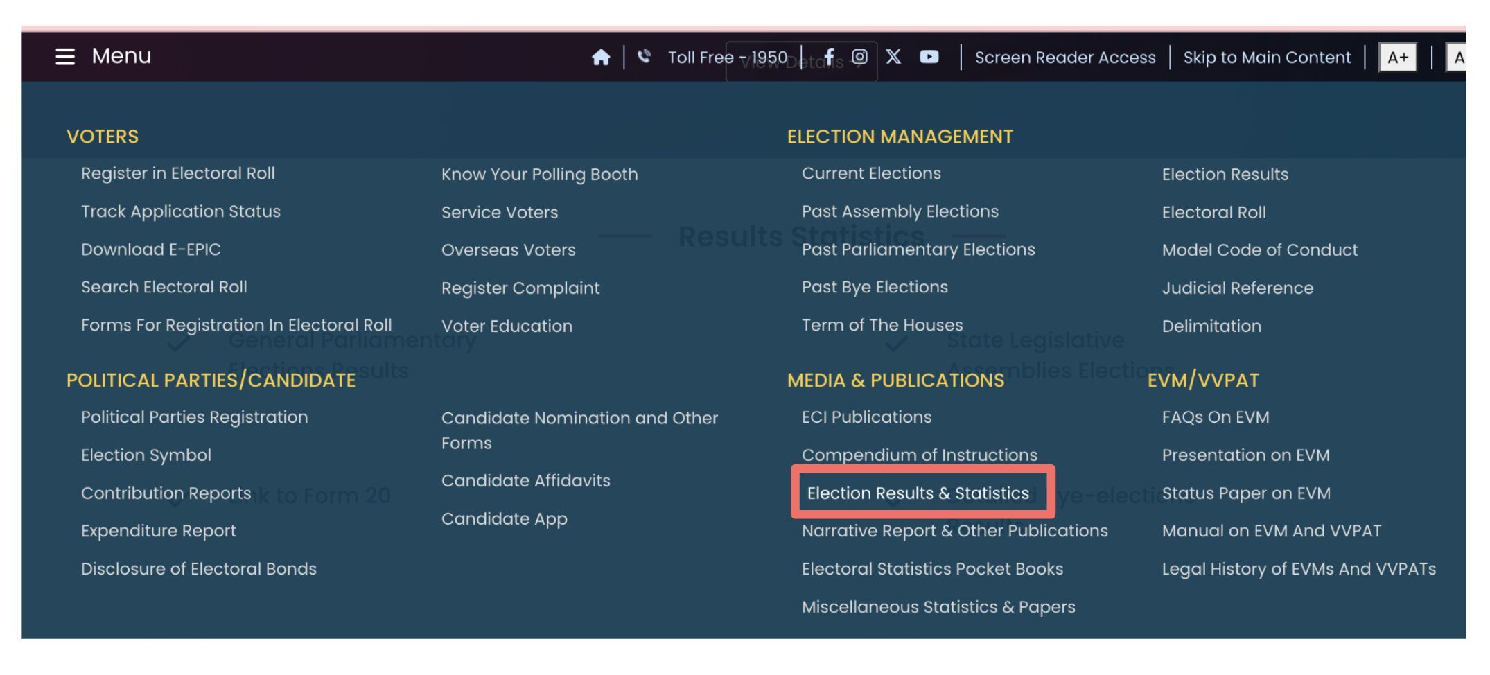 Screenshot of the Election Commission of India website showing its statistical reports section