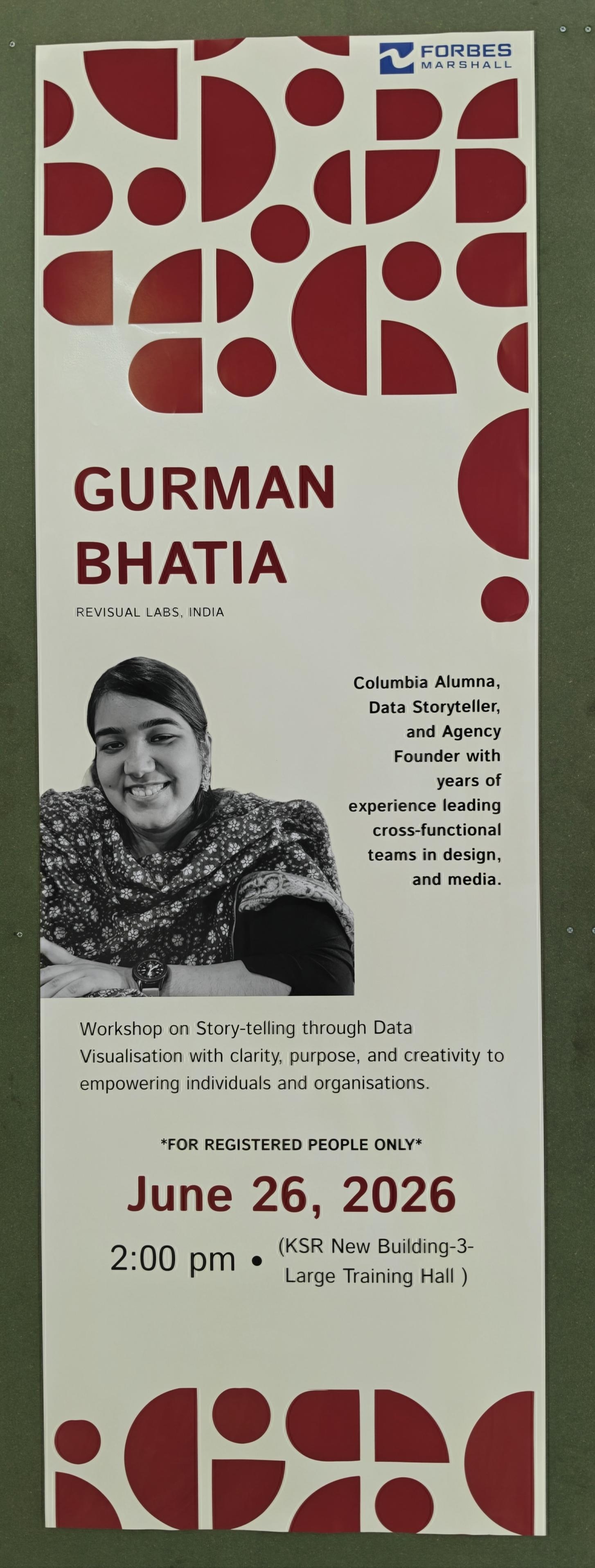 A standee at Forbes Marshall introducing the session: Gurman Bhatia, Revisual Labs, a workshop on storytelling through data visualisation, June 26.