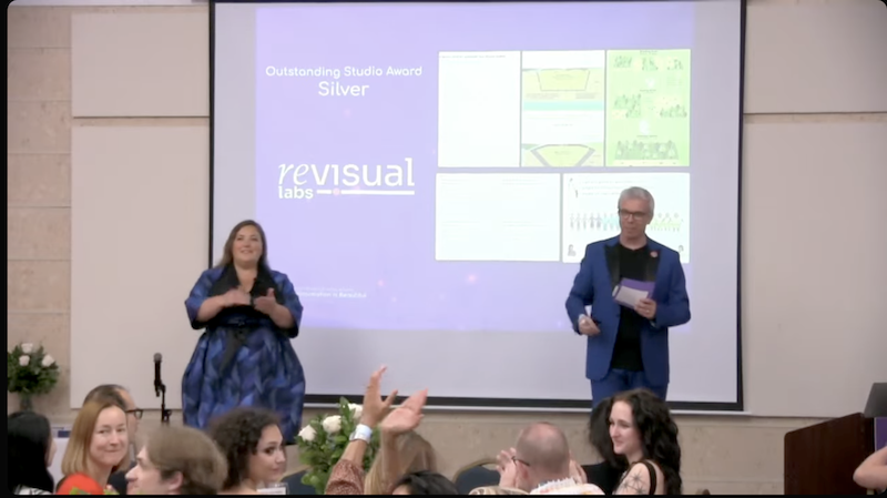 The Outstanding Studio Award Silver being announced for Revisual Labs on stage at the Outlier Conference
