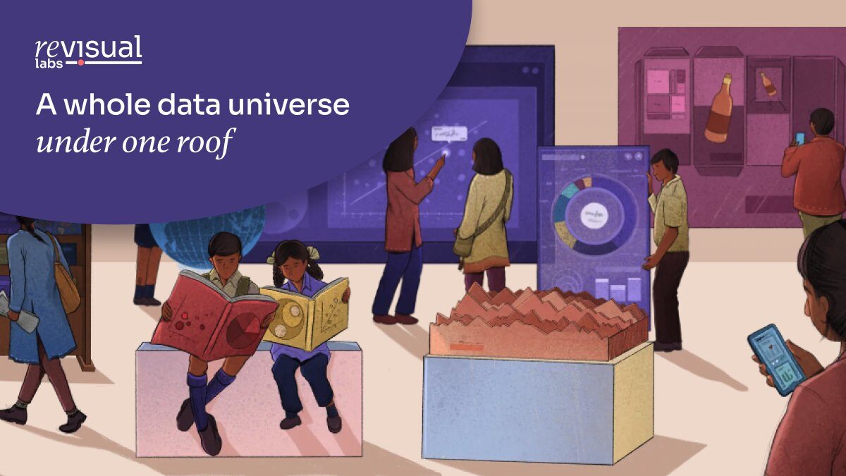 Illustrated service listing showing data visualisation, dashboards, and design services under a banner reading A whole data universe under one roof