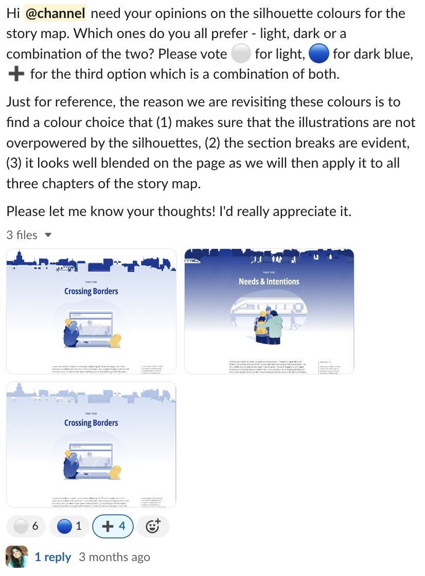 Slack poll on silhouette colours for a story map — light, dark blue, or a combination