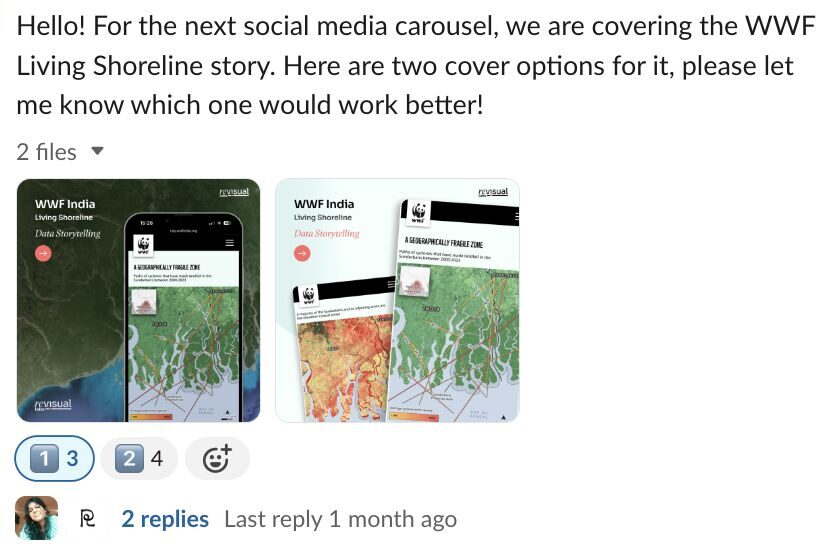 Slack poll for two social media carousel cover options for the WWF Living Shoreline story