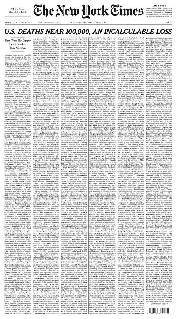 The New York Times front page -- "U.S. Deaths Near 100,000, An Incalculable Loss"
