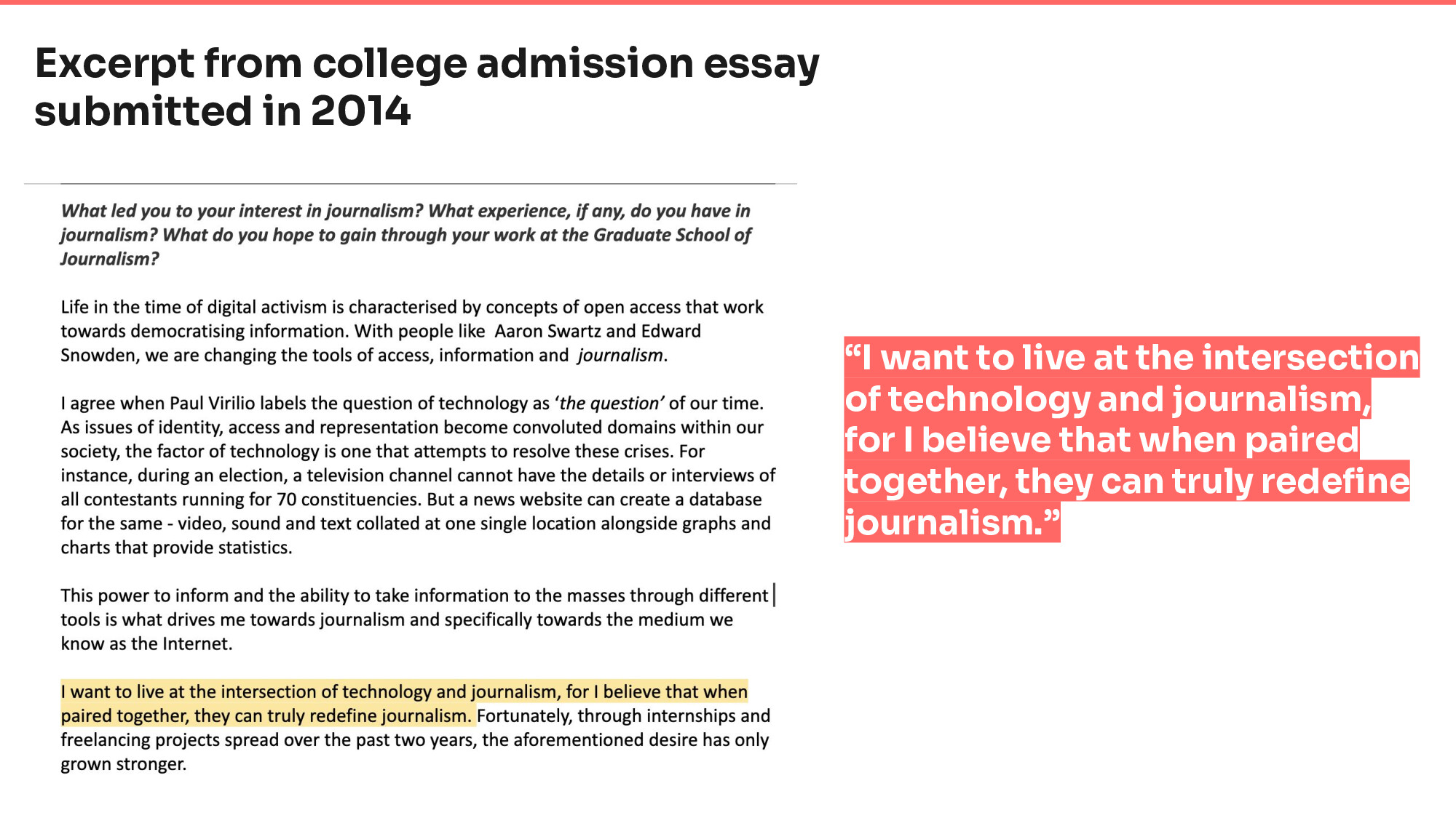 A college admission essay excerpt from 2014
