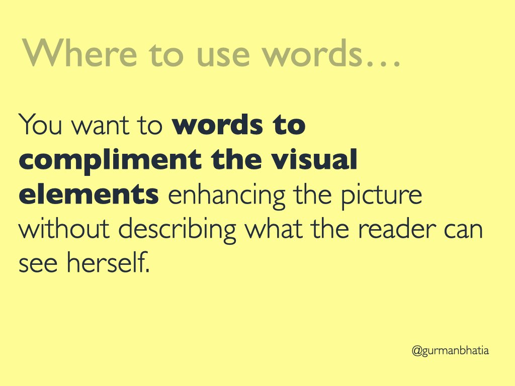Where to use words? You want to words to compliment the visual elements enhancing the picture without describing what the reader can see herself.